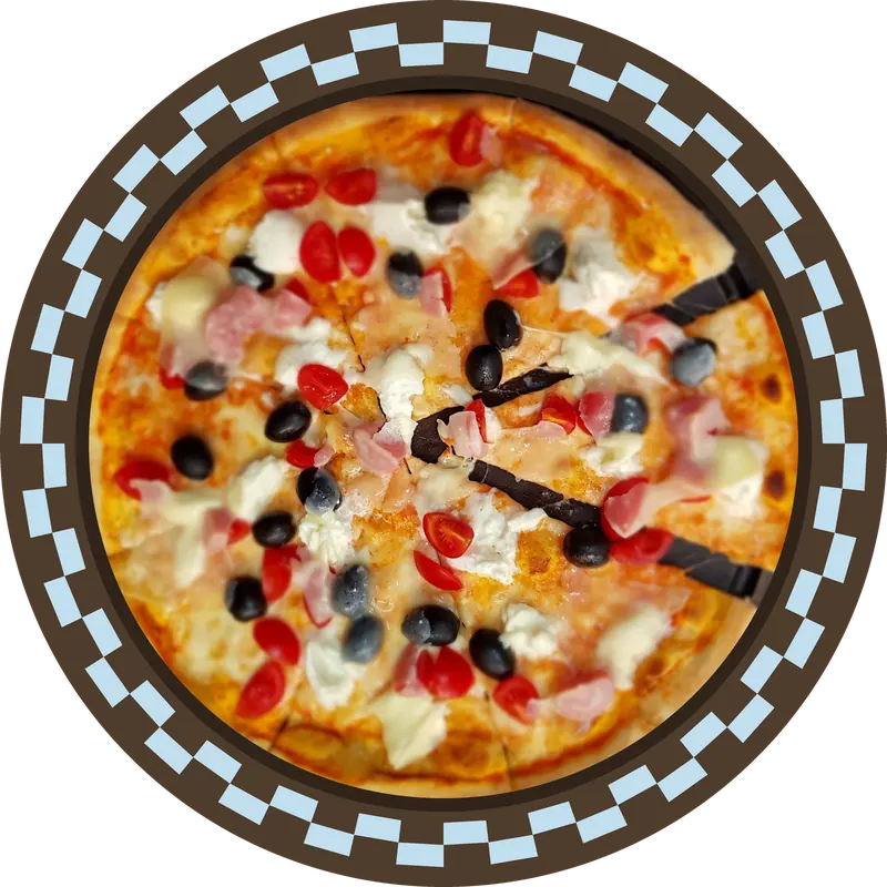 A Pizza AMARIS pizza with olives, cherry tomatoes and fresh mozzarella, seen from above